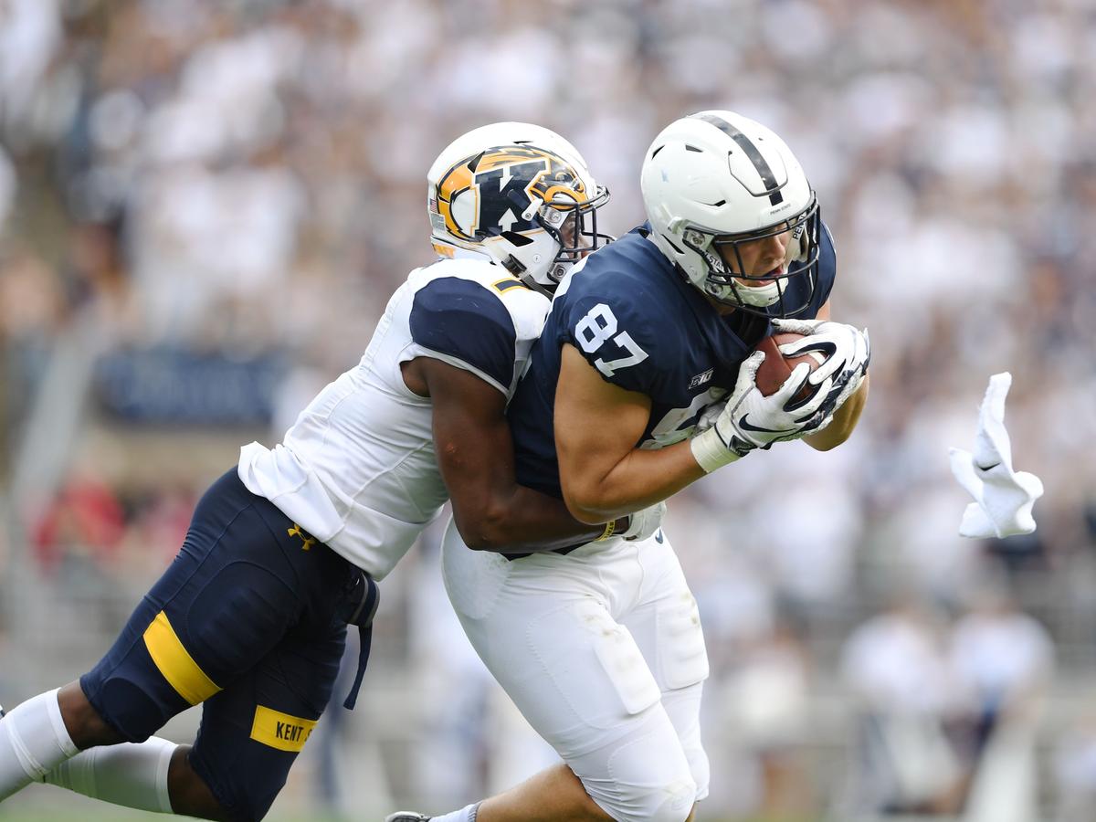 Penn State tight end Pat Freiermuth makes a catch during a game against Kent State Saturday, Sept. 15, 2018 at Beaver Stadium.