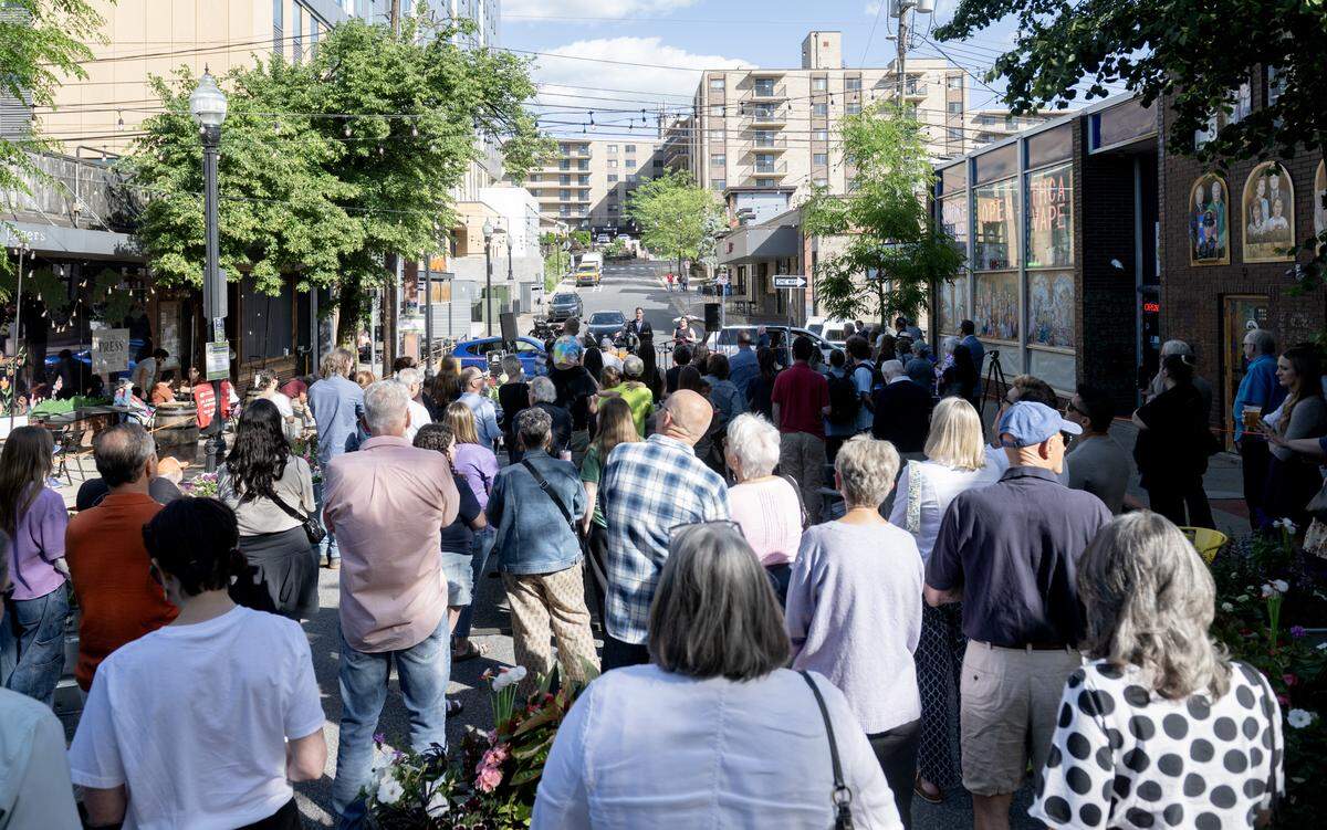 State College mayor Ezra Nanes speaks during the East End Social grand opening block party on Thursday, May 28, 2026. 