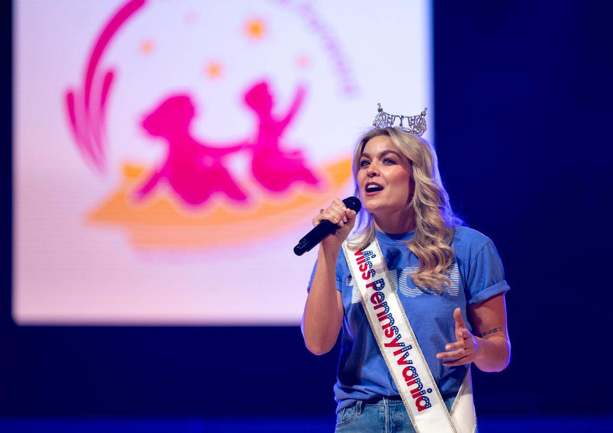 Miss Pennsylvania Victoria Vespicoon speaks to crowd during the initial hours of Thon on Friday, Feb. 20, 2026 in the Bryce Jordan Center. Vespicoon is a Penn State alumni who attended Thon during her time as student.