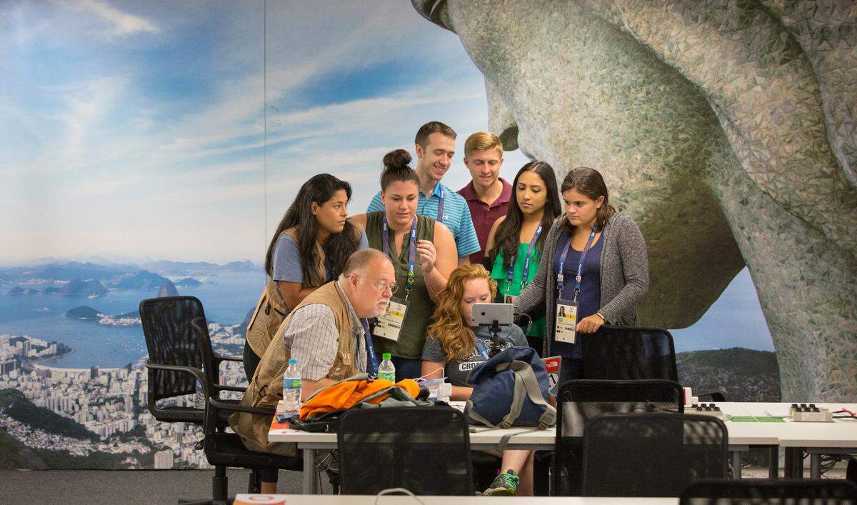 Curt Chandler and students use Facebook Live to talk to Curt’s Comm 271 Class from the 2016 Paralympic Games in Rio de Janeiro, Brazil, on Friday, Sept. 16, 2016. (Will Yurman)