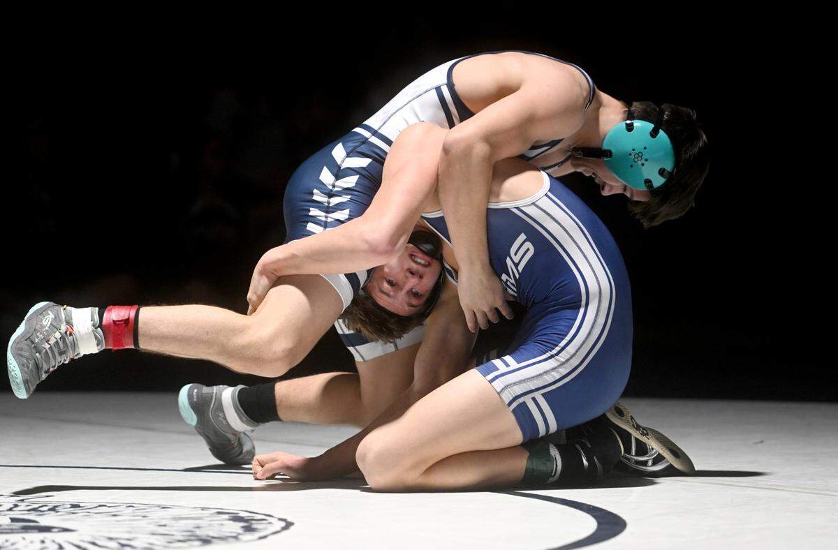 Philipsburg-Osceola’s Marcus Gable and Penns Valley’s Ty Watson wrestle in the 152 lb bout of the match on Tuesday, Jan. 31, 2023 as part of the the District 6 team tournament.
