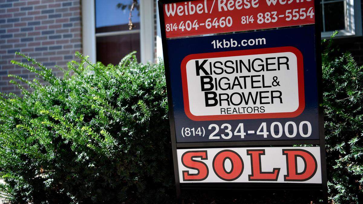 A “sold” sign in front of a home on Marjorie Mae Street in Patton Township.