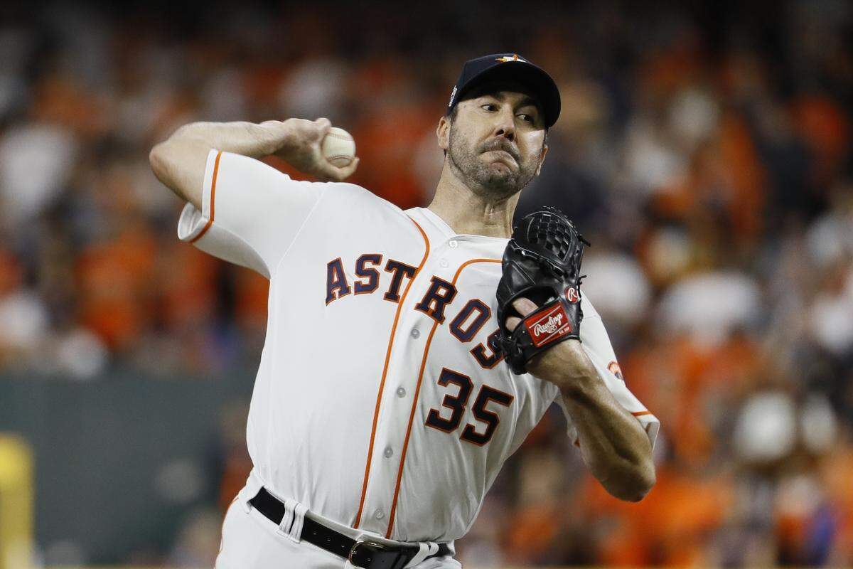 Houston Astros starting pitcher Justin Verlander throws during the first inning of Game 6 of the baseball World Series against the Washington Nationals Tuesday, Oct. 29, 2019, in Houston.
