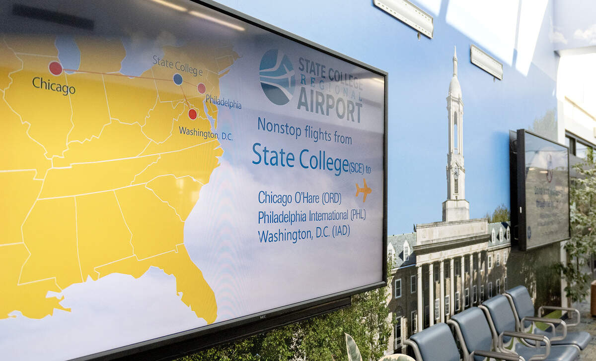 A sign promoting the flights from the State College Regional Airport in the terminal on Friday, Feb. 27, 2026.
