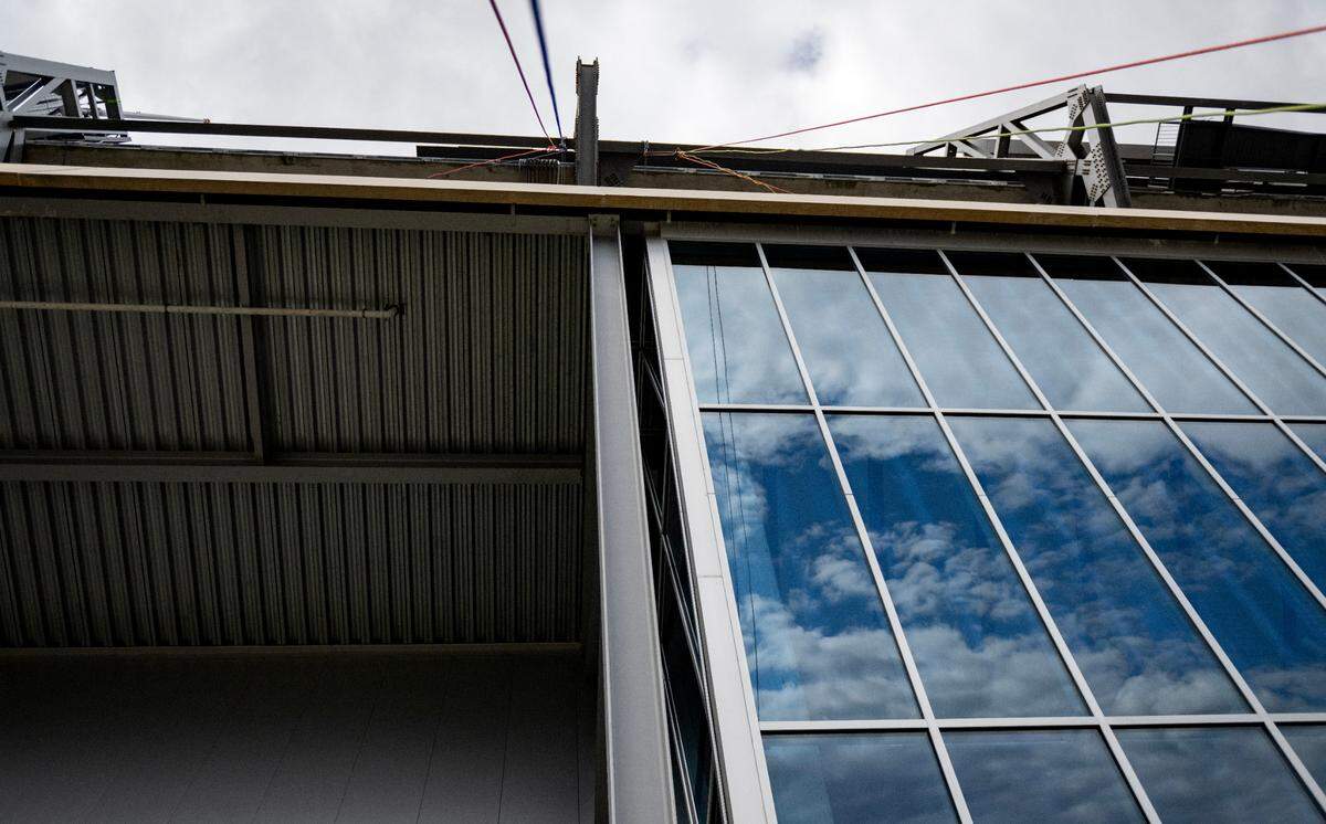Abby Drey looks up as she starts to descend from Beaver Stadium during Over the Edge on Monday.