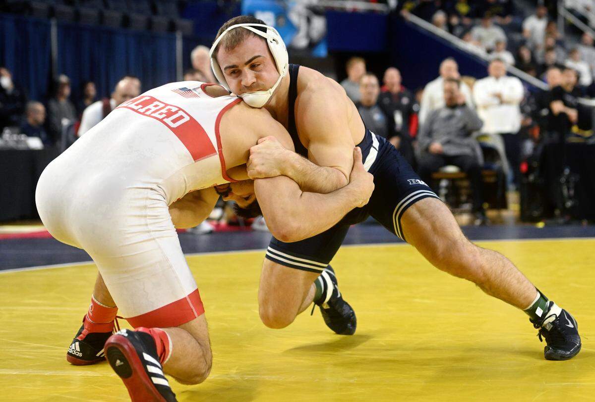 Penn State’s Max Dean wrestles Nebraska’s Silas Allred in the 197 lb championship bout of the Big Ten wrestling championships at the Crisler Center on Sunday, March 5, 2023.