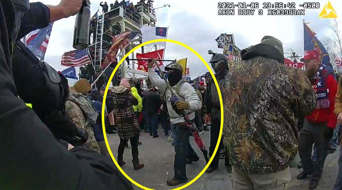Terry L. Allen, 66, of Spring Mills, is seen here at 1:56 p.m. on Jan. 6, 2021, during the Capitol riot — as shown (and circled) by a photo included in public court documents. Allen was found guilty in July of five felonies and two misdemeanors after prosecutors said he found a metal pole, carrying it with him until hurling it at officers.