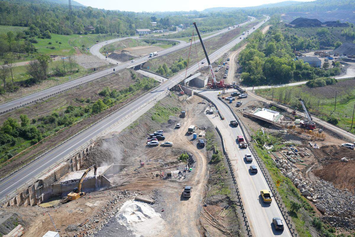 Beam placement for the I-80 bridge over Jacksonville Road is pictured on May 19, 2026 as part of the I-80/I-99 high-speed interchange project. 