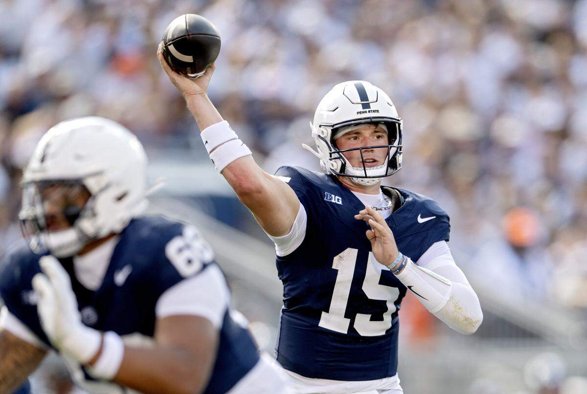 Penn State quarterback Drew Allar makes a pass during the first quarter of the game against Nevada on Saturday, Aug. 30, 2025 at Beaver Stadium.