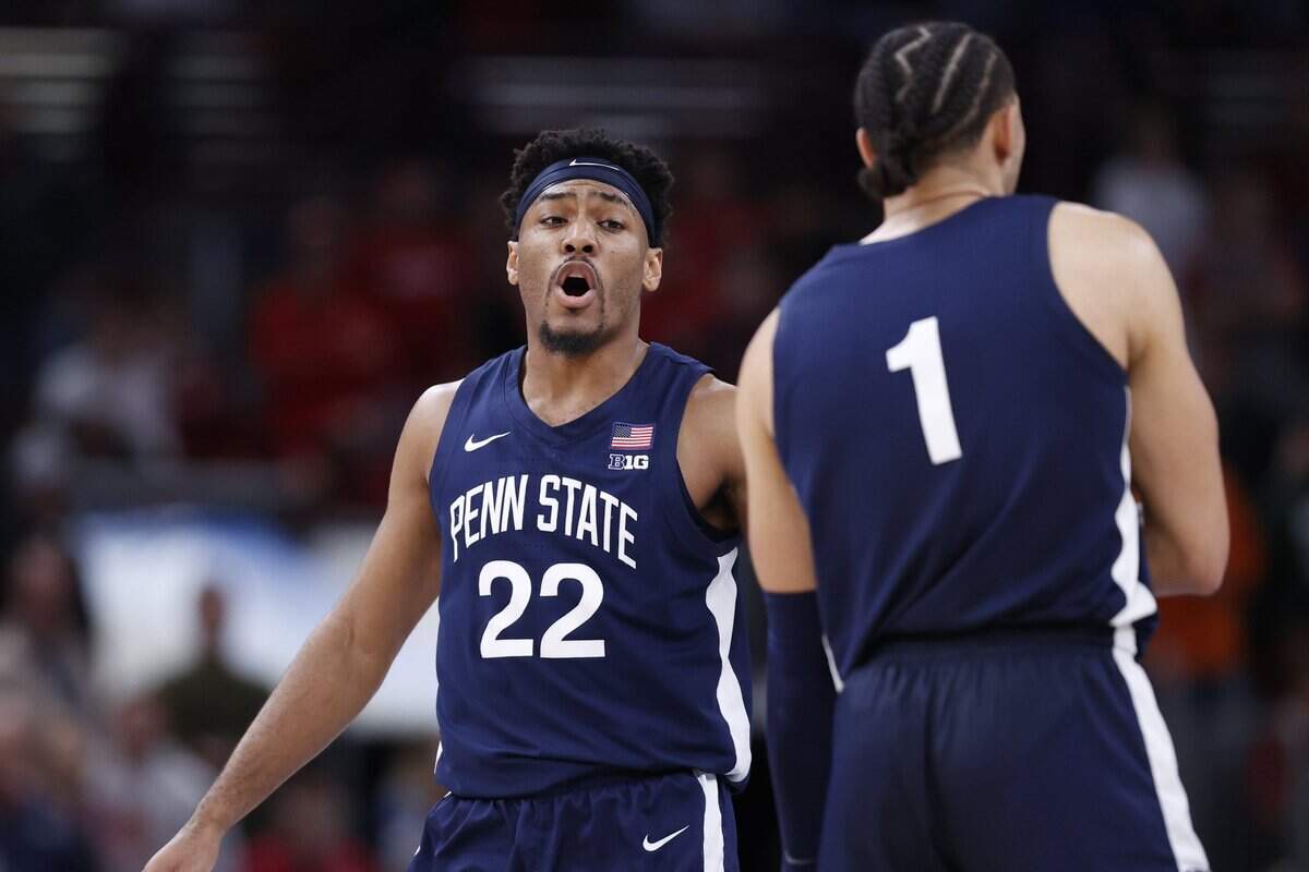 Penn State Nittany Lions guard Jalen Pickett (22) reacts during the second half of a basketball game against the Indiana Hoosiers at United Center.