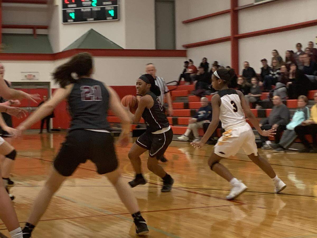 Jada Coleman goes in for a lightly contested layup Tuesday against North Allegheny in the second round of the PIAA girls’ basketball championships at Indiana High School. North Allegheny won 51-38.