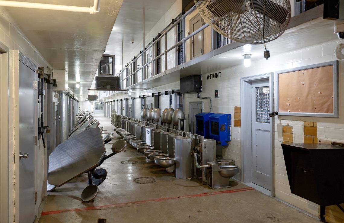 Tables have been removed from hallways, and toilets and sinks from the cells in B Block at Rockview state prison on Monday, March 2, 2026.