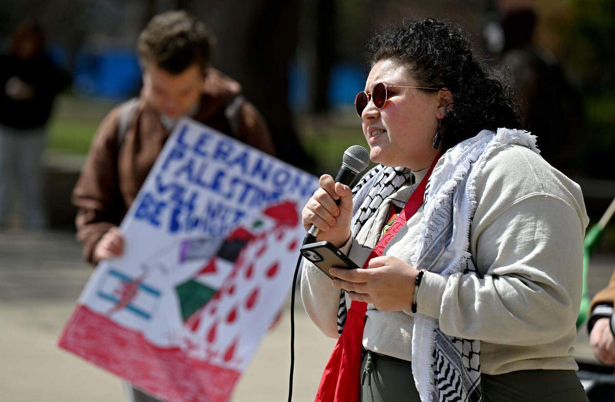 Sarah Dweik speaks during the Students for Justice in Palestine protest outside of Old Main on Tuesday, April 1 2025.