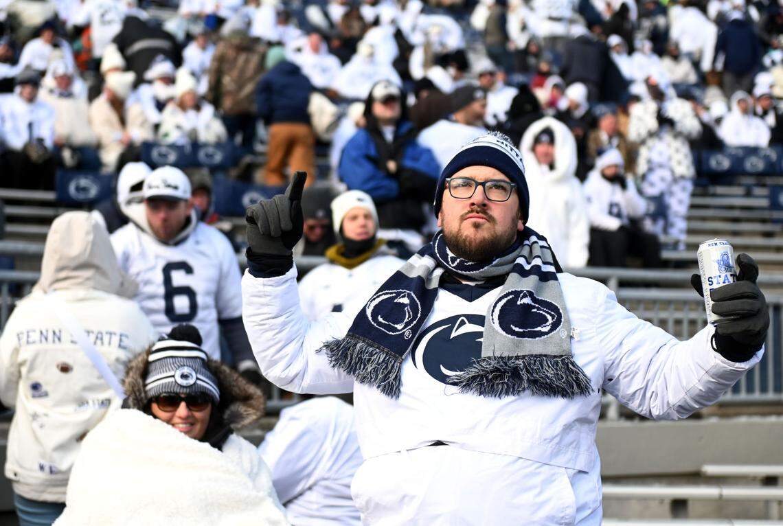 Fans dance as Penn State football warms up for the CFP first round game against SMU on Saturday, Dec. 21, 2024 at Beaver Stadium.