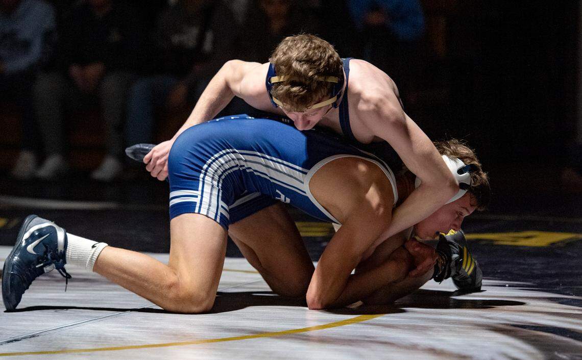 Bald Eagle Area’s Lucas Fye controls Penns Valley’s Colten Shunk in the 120 lb bout of the District 6 2A team quarterfinals on Tuesday, Feb. 1, 2022. Fye won by decision, 7-2.