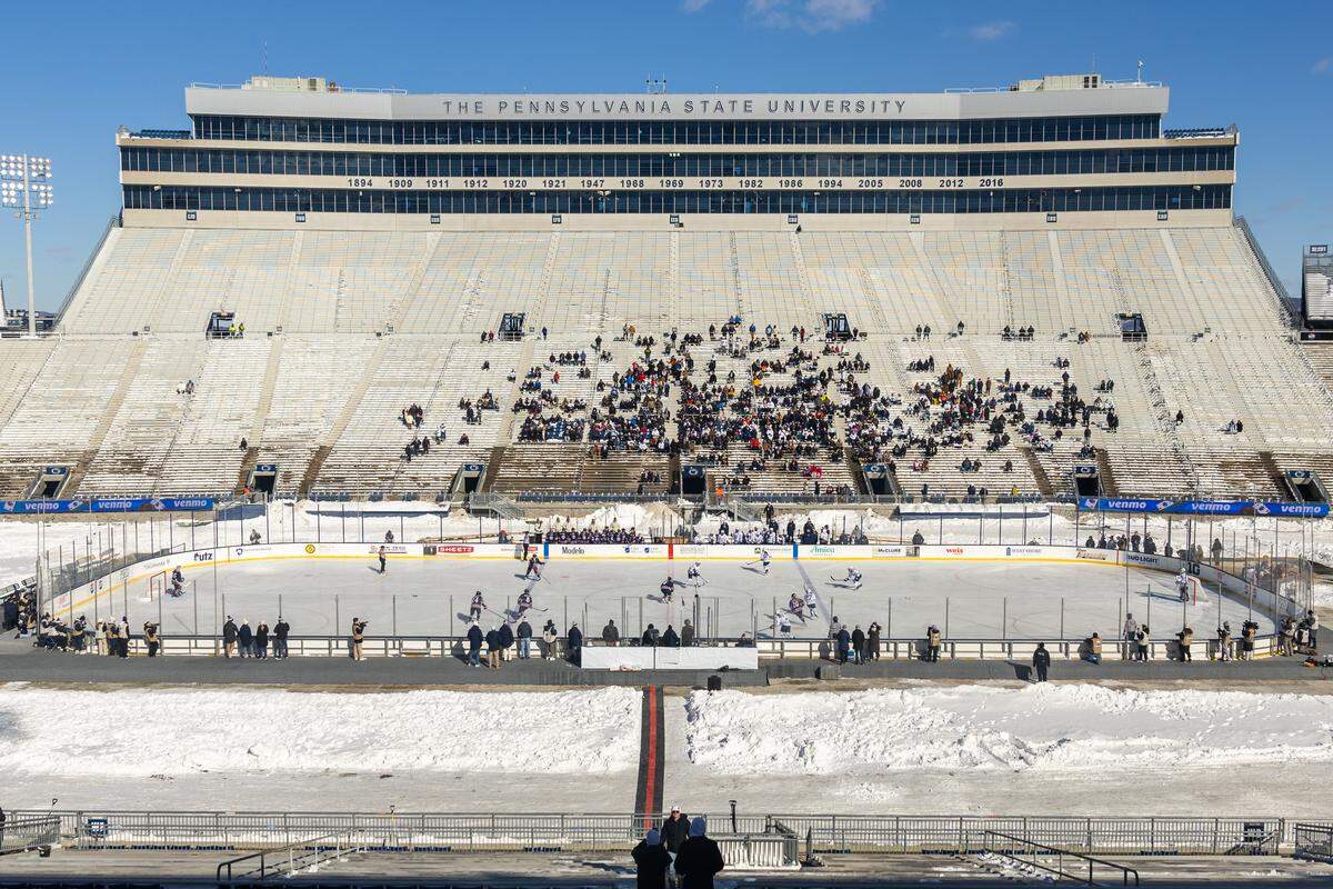 Fans in attendance primarily sat on the eastern side of the stadium during the Penn State women’s hockey game at Beaver Stadium on Friday, Jan. 30, 2026, in State College.