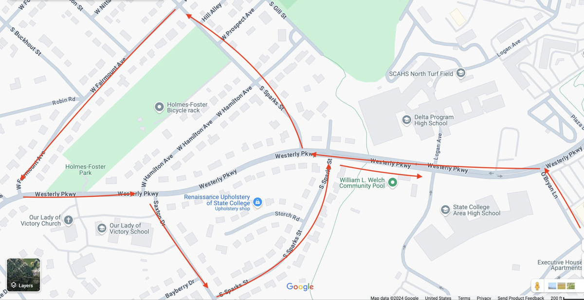 State College’s homecoming parade will follow this route through the Holmes-Foster neighborhood.