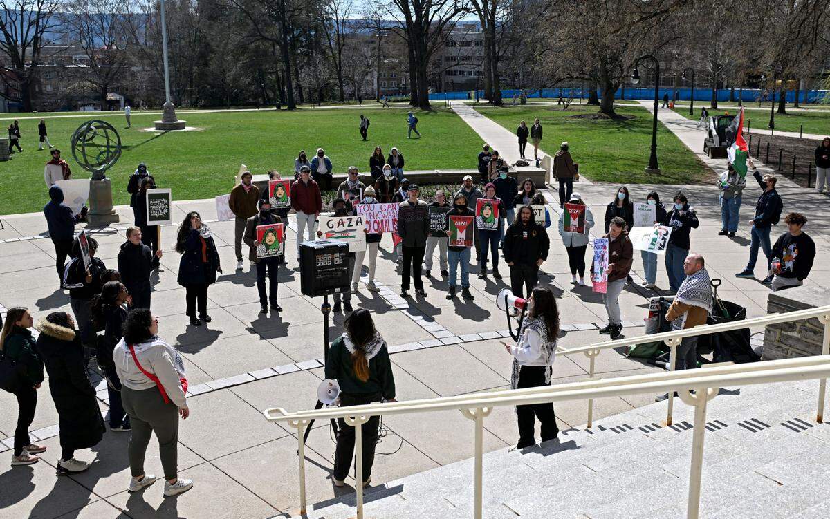 Penn State students gathered outside of Old Main to protest as part of Students for Justice in Palestine’s “week of rage” on Tuesday, April 1 2025.