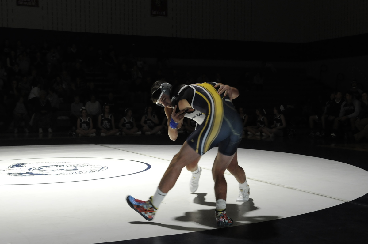 Penns Valley’s Cole Felker looks for a takedown on Southern Huntingdon’s Jordan Bailey at the edge of the mat in the Rams’ 59-21 win on Friday night. Felker pinned Bailey in 3:45 in their 152-pound match.