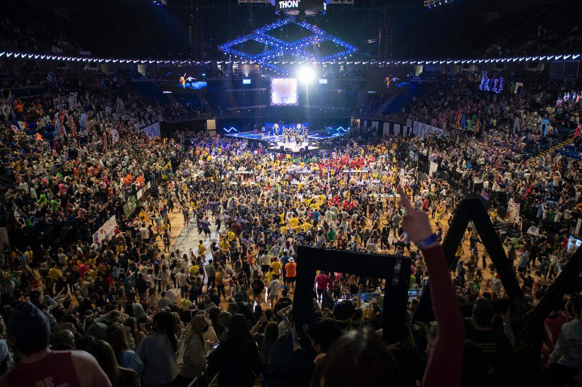 Attendees perform the line dance on Saturday during the Penn State IFC/Panhellenic Dance Marathon.