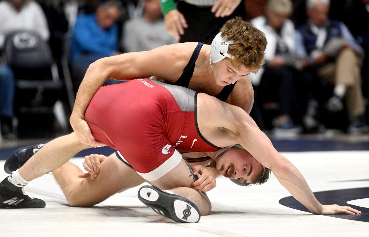 Penn State’s Terrell Barraclough controls Lock Haven’s Ashton Eyler in the 157 lb bout of the match on Friday, Nov. 11, 2022.