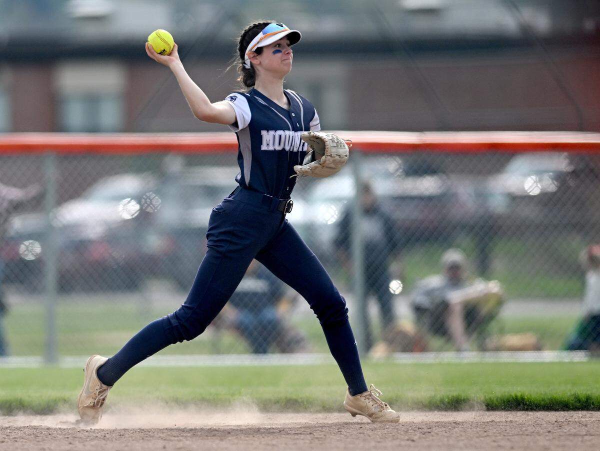 Philipsburg-Osceola’s Emily Gusty fields the ball and makes the throw for an out during the game against Bald Eagle Area on Thursday, April 27, 2023.
