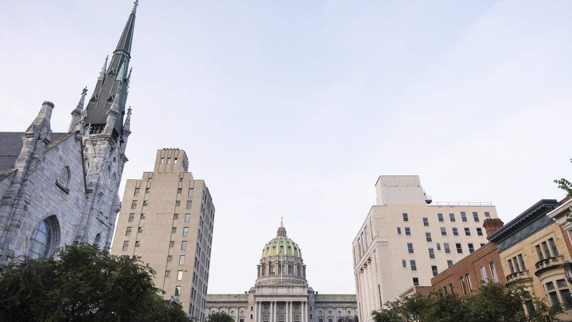 The view of the Pennsylvania Capitol in Harrisburg from State Street.