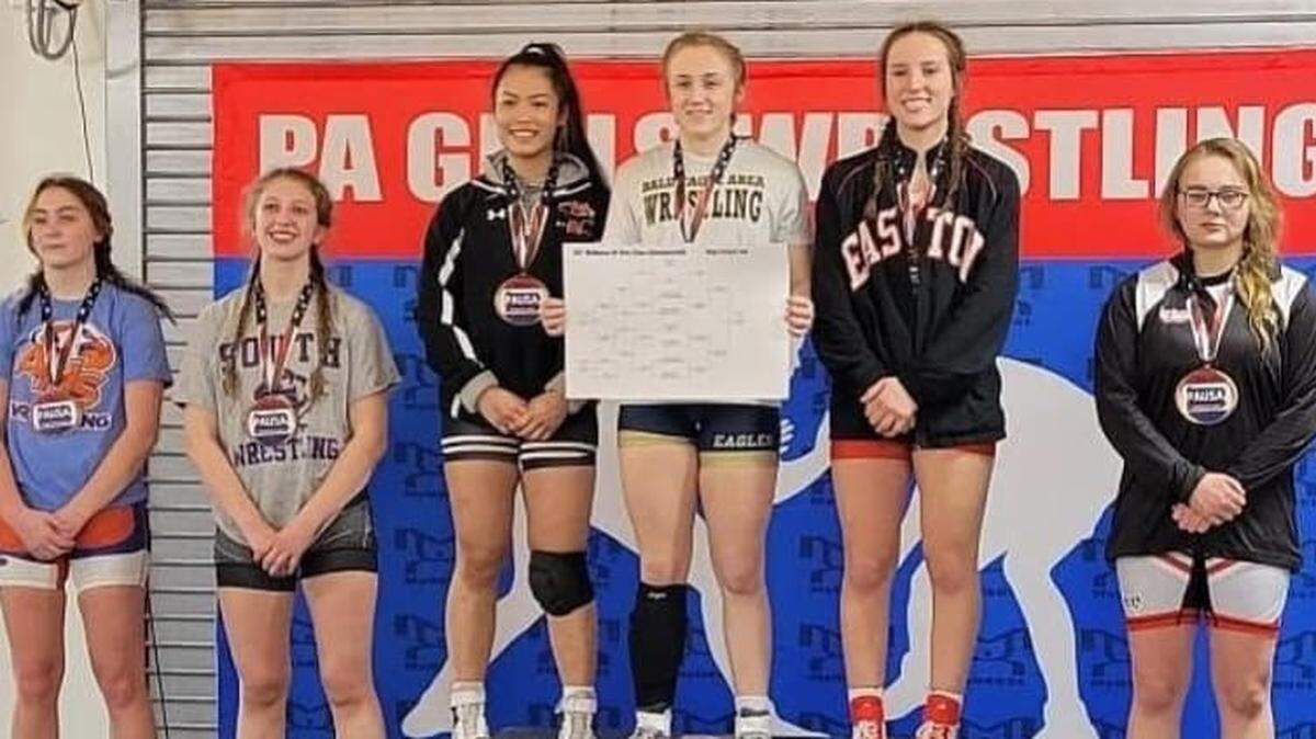 Bald Eagle Area’s Grace Stem stands atop the podium after she claimed the 140-pound MyHouse PA Girls State Championship over the weekend. Stem was the top seed and pinned her way to the title.