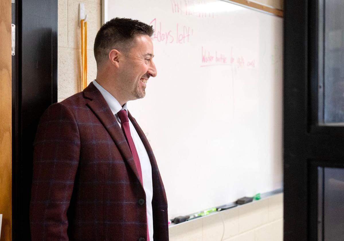 Bellefonte High school principal Mike Fedisson chats with students in a classroom on Wednesday, May 15, 2024.