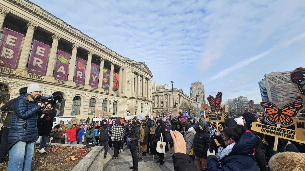 About 200 people protested outside Gov. Josh Shapiro’s book event at the Free Library of Philadelphia on Jan. 24, 2026, calling for Shapiro to adopt stricter policies against collaboration with ICE.