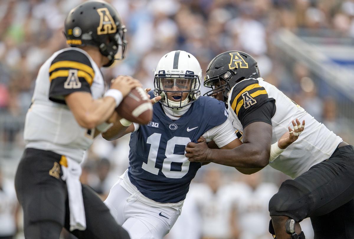 Penn State defensive end Shaka Toney tries to push around an Appalachian State lineman to get to their quarterback during the Saturday, Sept. 1, 2018 game at Beaver Stadium.