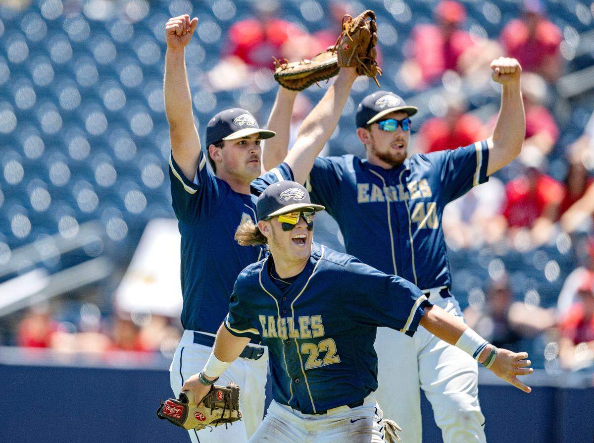 Bald Eagle Area’s Carson Nagle, Brayden Dubbs and Wyatt Spackman celebrate the win over Tri-Valley in the PIAA 2A championship game at Medlar Field on Thursday, June 13, 2024.