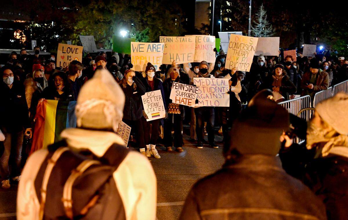 Penn State students protested the Milo Yiannopoulos “Pray the Gay Away” event outside of the Thomas Building on Wednesday, Nov. 3, 2021.
