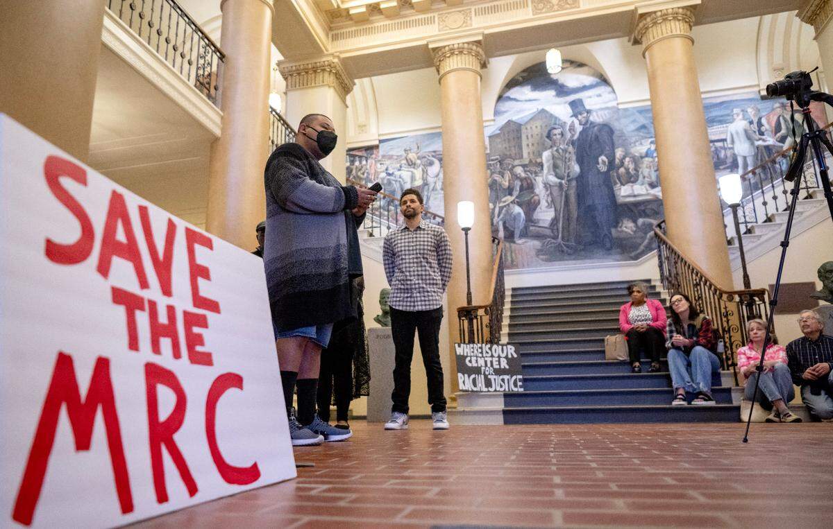 Penn State graduate student Pheolyn Allen speaks during the read-in for racial justice inside Old Main on Tuesday, April 16, 2024.