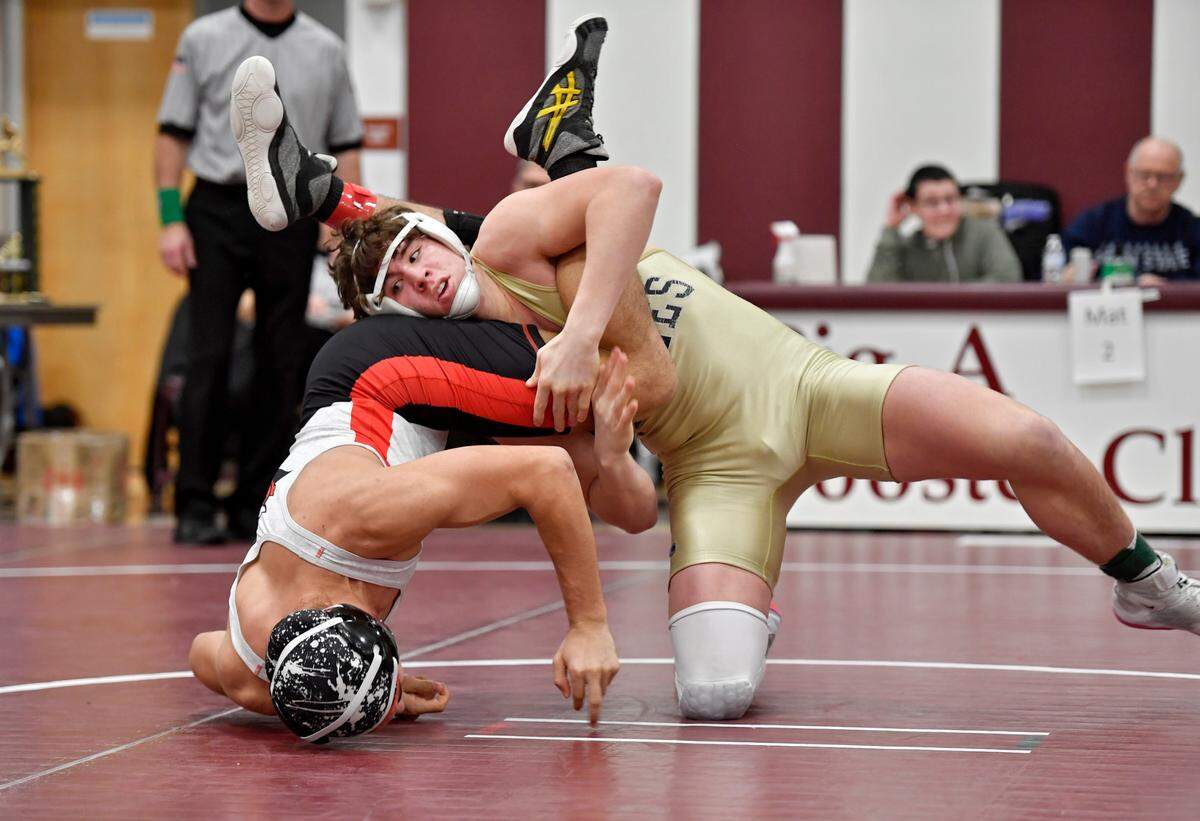 Bald Eagle Area’s Noah Foltz controls Central Cambria’s Ethan Kubat in the 189 lb championship bout of the District 6 2A tournament on Saturday, Feb. 19, 2022. Foltz won by decision, 4-0.