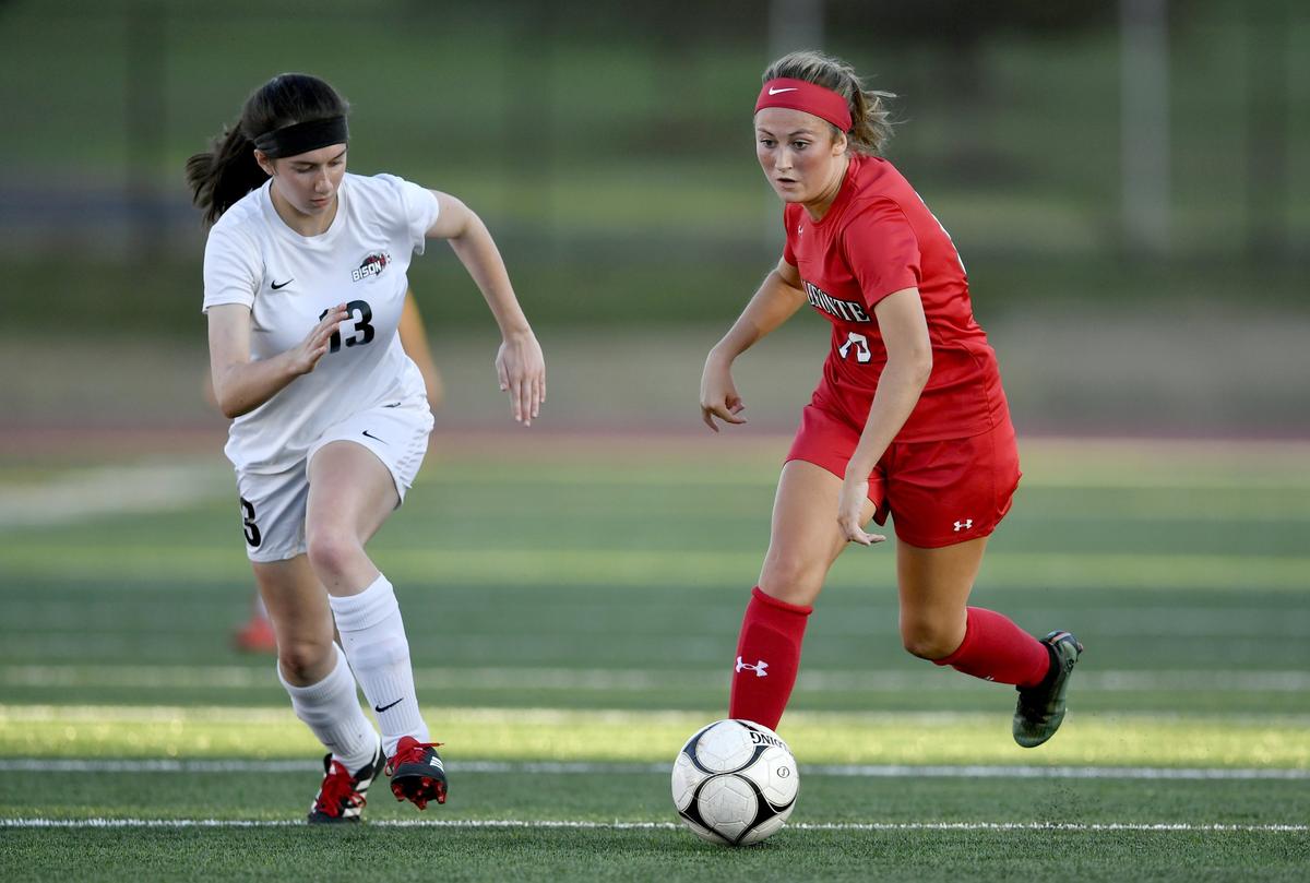 Bellefonte’s Mallorie Smith runs down the field with the ball ahead of a Clearfield defender during the game on Tuesday, Sept. 17, 2019.