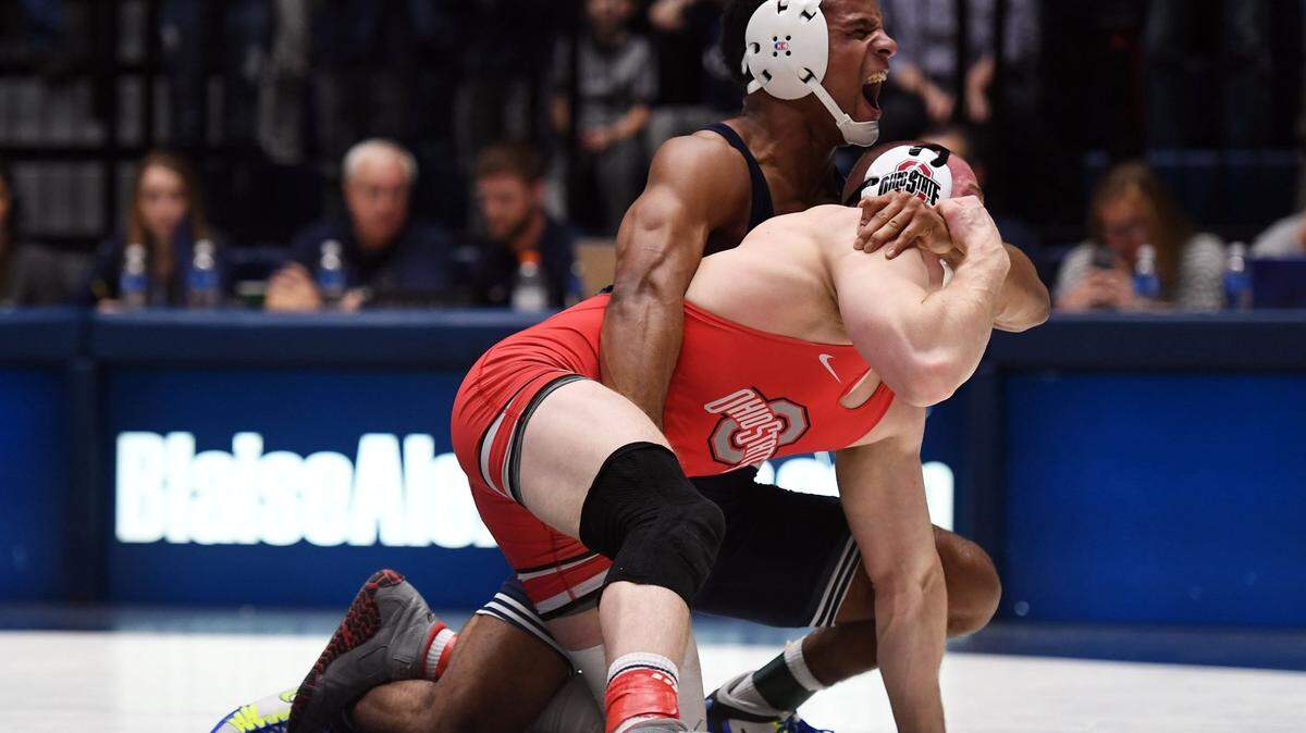 Penn State’s Mark Hall wrestles Ohio State’s Bo Jordan in the 174 pound Saturday, Feb. 3, 2018 at Rec Hall.