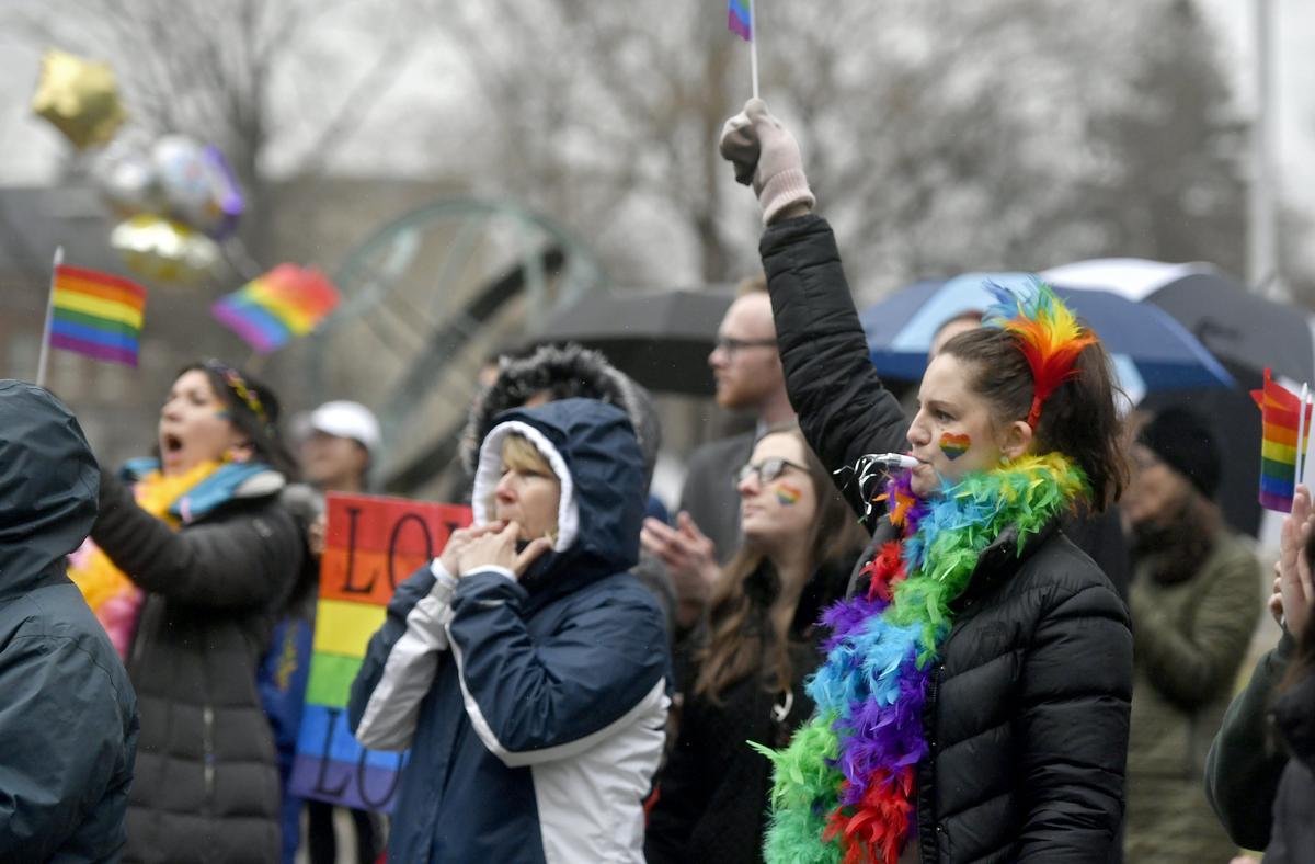 The crowd cheers during the Penn State pride march in April, hosted by LGBTQA Student Resource Center, which is now the Center for Sexual and Gender Diversity.
