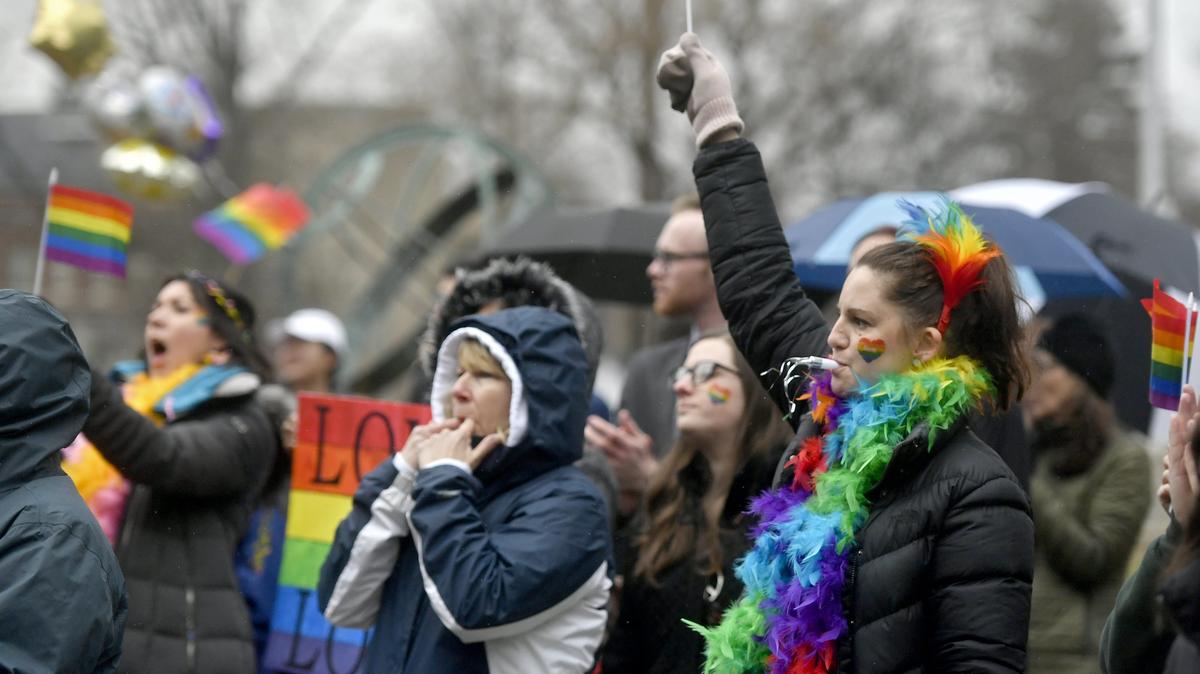 The crowd cheers during the Penn State LGBTQA Student Resource Center holds it’s annual pride march and rally on Friday, April 5, 2019.