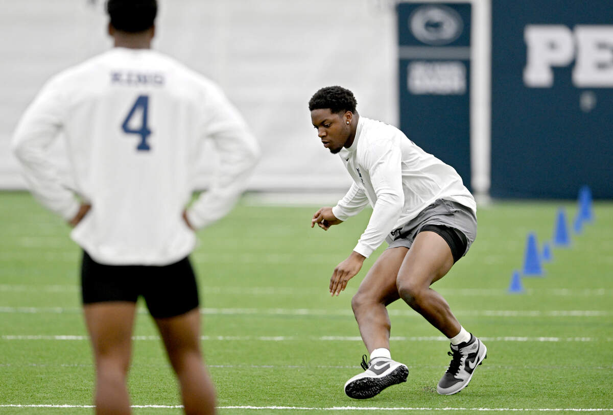 Defensive end Adisa Isaac runs a skill test during Penn State’s Pro Day on Friday, March 15, 2024 in Holuba Hall.