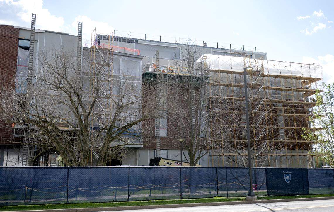 Construction continues on a general purpose classroom building at the Bigler Road and Park Avenue on the Penn State campus on Wednesday, April 22, 2026.  