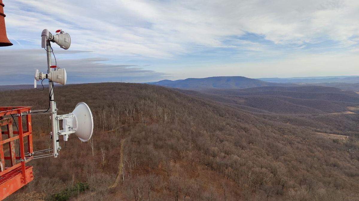 Broadband equipment installed on a tower in Bedford County, part of a new regional initiative in the Southern Alleghenies to improve internet access.