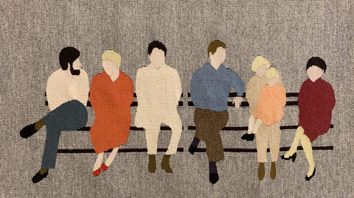 “Residents on Bench,” a weaving by former resident Art Sisko, is part of Foxdale Village’s 30th Anniversary Gallery Show.