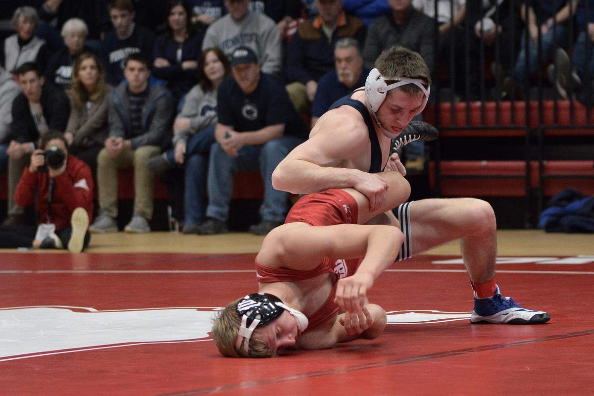 Penn State’s Nick Lee looks for near-fall points on Indiana’s Kyle Luigs in their 141-pound bout during the Nittany Lions’ 35-9 win on Sunday, January 27, 2019. Lee beat his former high school teammate 13-3.