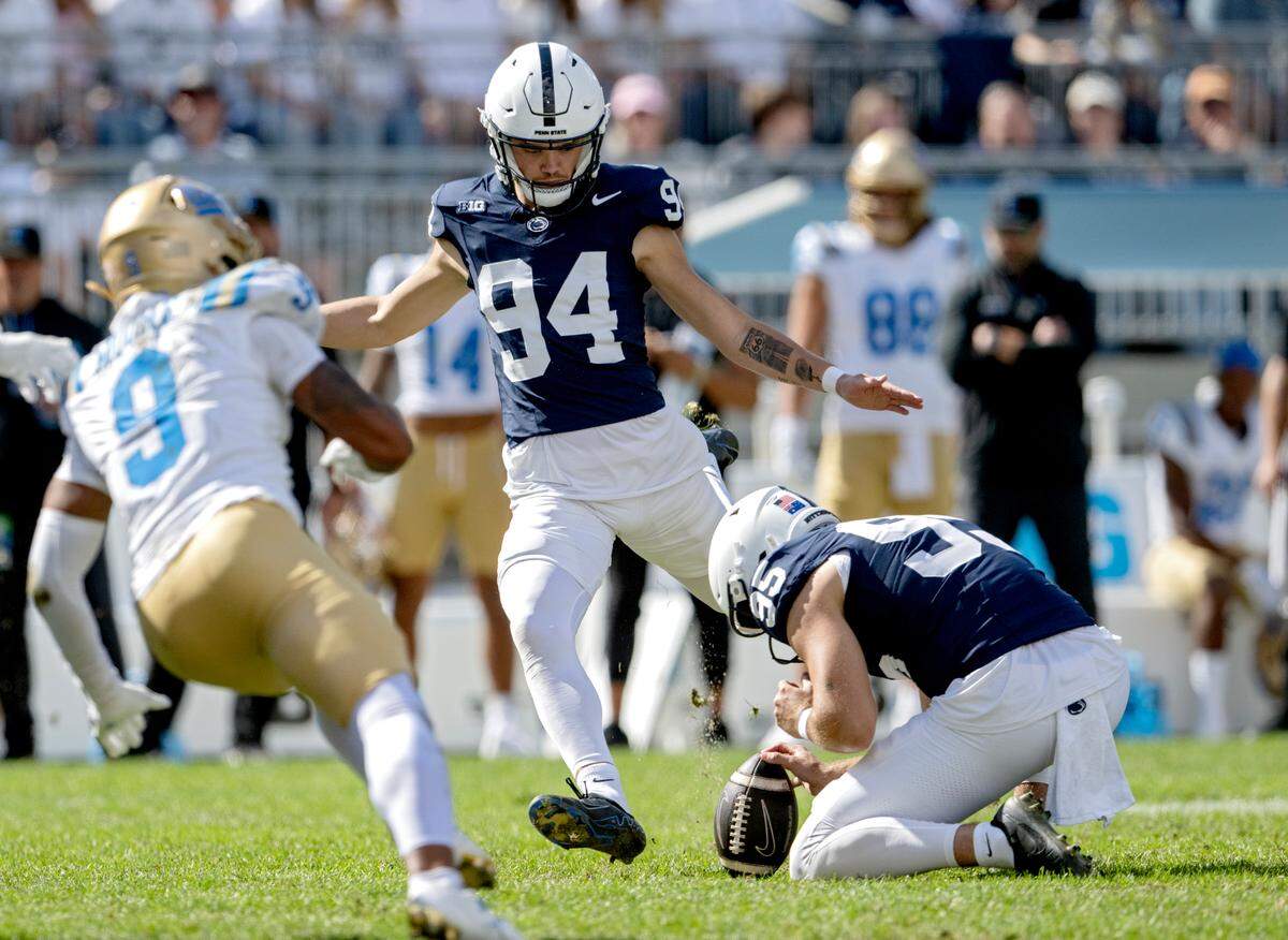 Penn State’s Ryan Barker kicks during the game against UCLA on Saturday, Oct. 5, 2024 at Beaver Stadium.