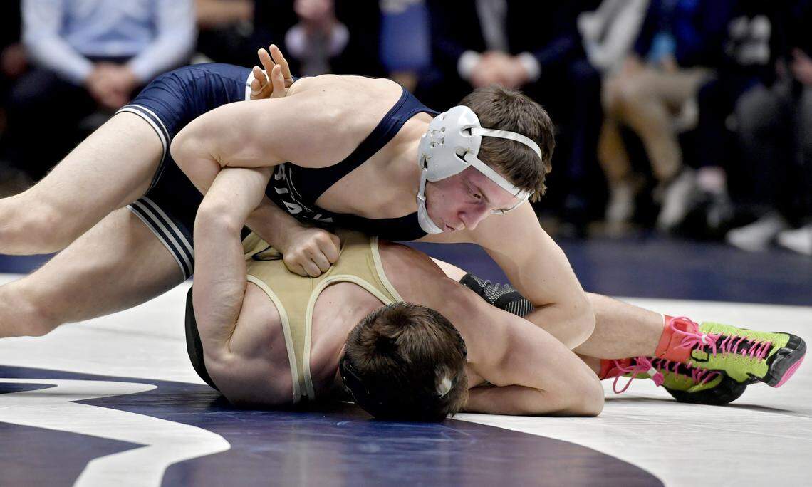 Penn State’s Nick Lee controls Purdue’s Nate Limmex in the 141 pound bout during the match on Friday, January 19, 2018 at Rec Hall. Lee won by major decision, 14-4.  