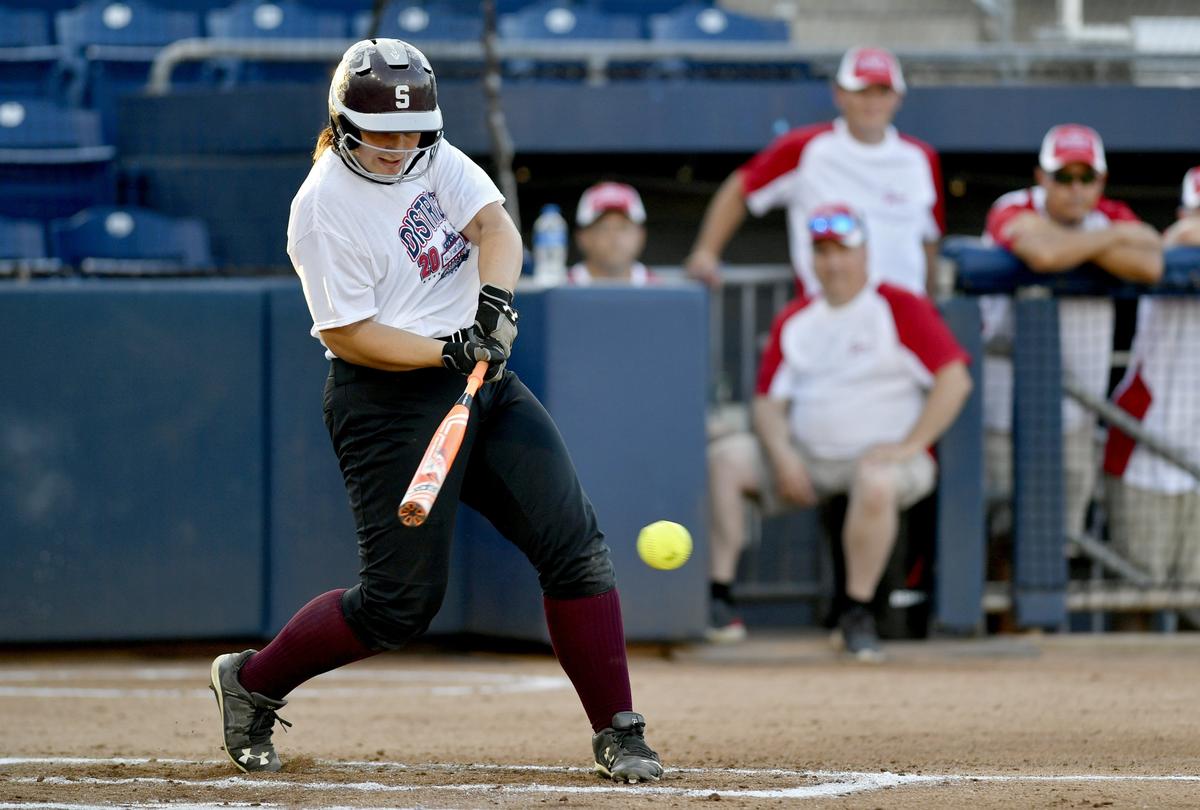 Stat College’s Brandi Triebold gets a hit during the PSBCA All-Star game on Wednesday, June 26, 2019 at Beard Field.