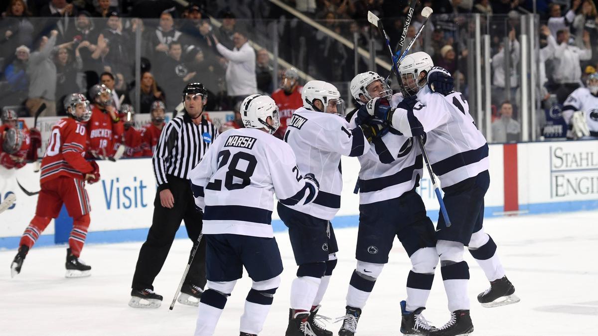 The Penn State men’s hockey team, seen here last season celebrating a goal against Ohio State, will face the Buckeyes on the road Sunday in a single-elimination semifinal game in the Big Ten tournament.