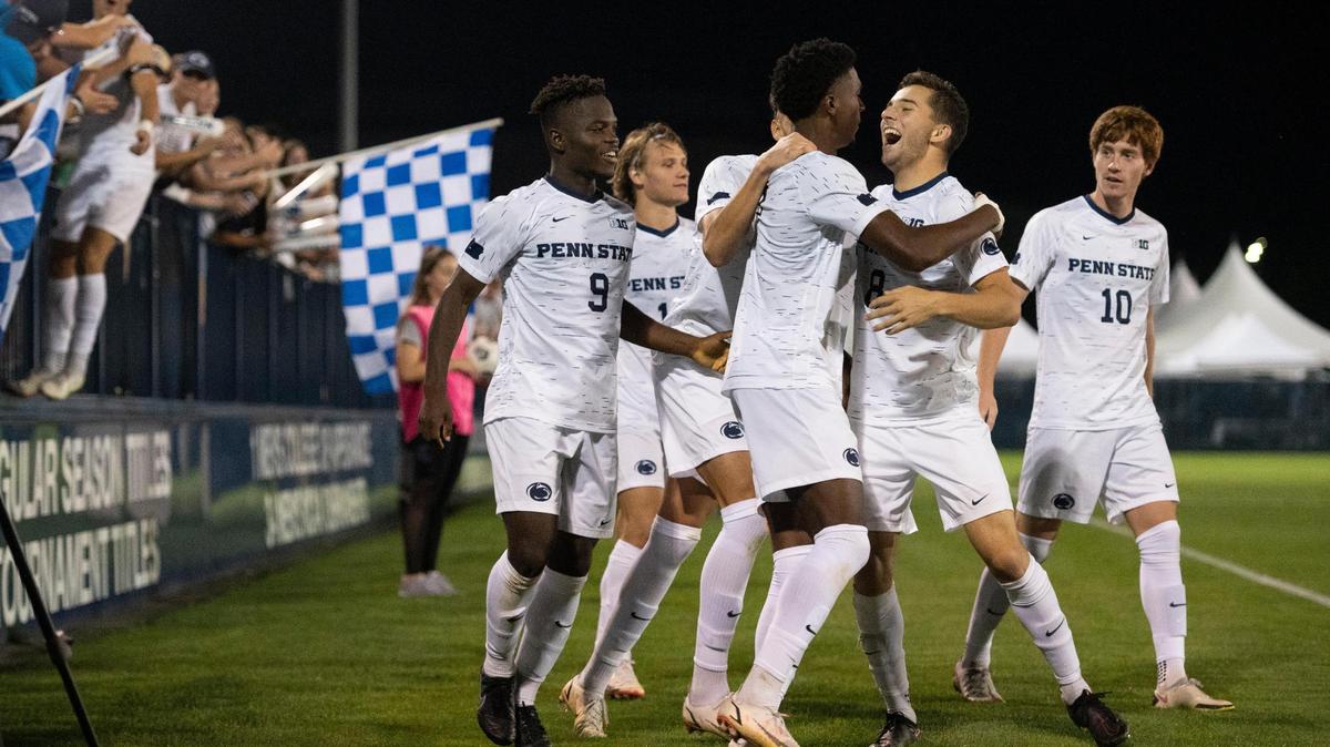 Penn State forward Liam Butts (7) celebrates after scoring during an NCAA soccer match between Penn State and Northwestern on Friday, Sept. 17 2021 at Jeffrey Field in State College, Pa.