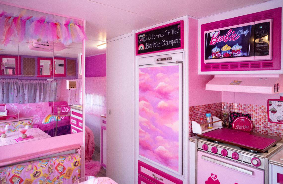 The kitchen in the Krammes’ Barbie camper features an oven and microwave styled after toy ones.